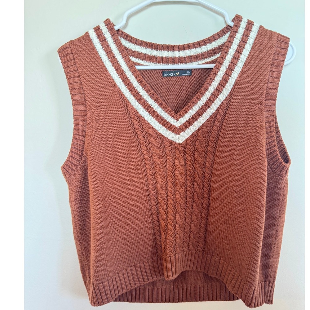 Nikka K Rust Brown Cable Knit V-Neck Varsity Stripe Sweater Vest XL